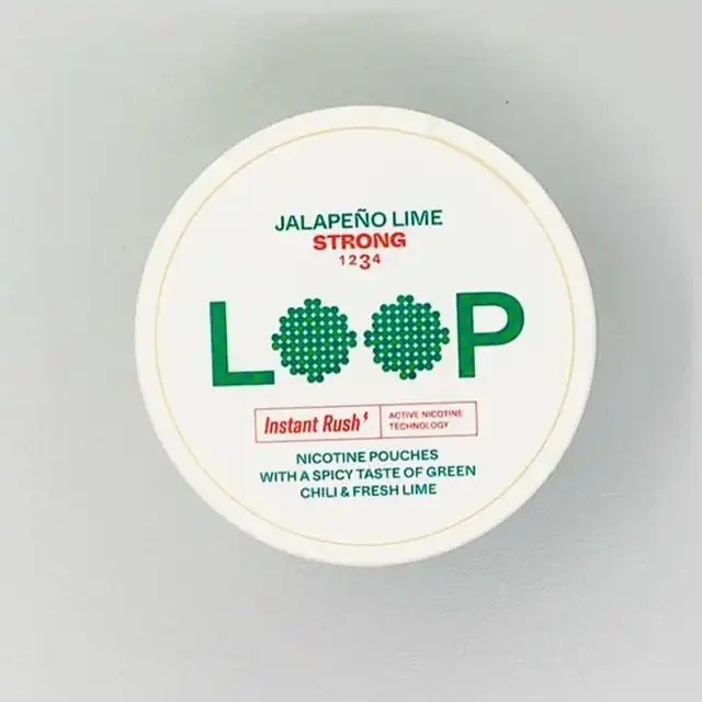 Can of LOOP Jalapeño Lime Strong nicotine pouches – smoky jalapeño and zesty lime, 9.4 mg/pouch