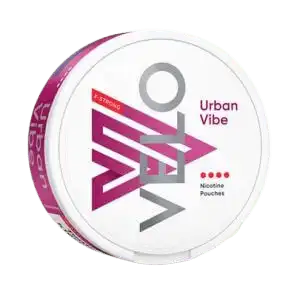 Can of VELO Urban Vibe slim nicotine pouches – energy drink and red berry flavor, 10 mg nicotine