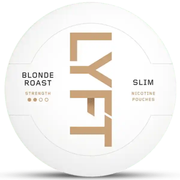 Can of LYFT Blonde Roast nicotine pouches – café latte flavor with coffee, caramel & hazelnut