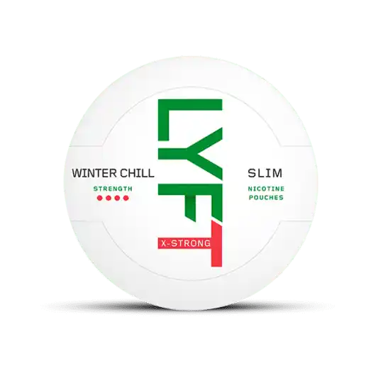 Can of LYFT Winter Chill X-Strong nicotine pouches – icy wintergreen mint flavor