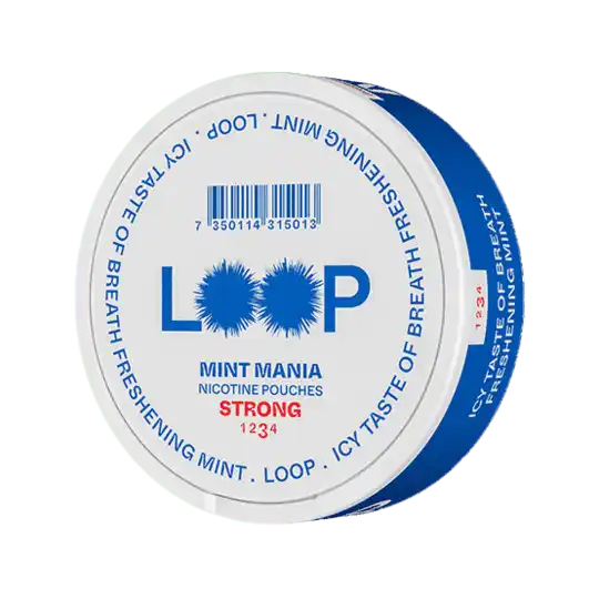 Can of LOOP Mint Mania Strong nicotine pouches – icy mint flavor, ~10.5 mg nicotine per pouch