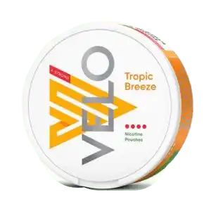 Can of VELO Tropic Breeze Slim nicotine pouches – tropical mandarin, passionfruit & mango flavor